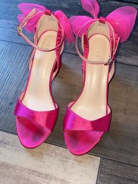 Allegra K Hot Pink Satin Ankle-Strap Heels with Bow Accent